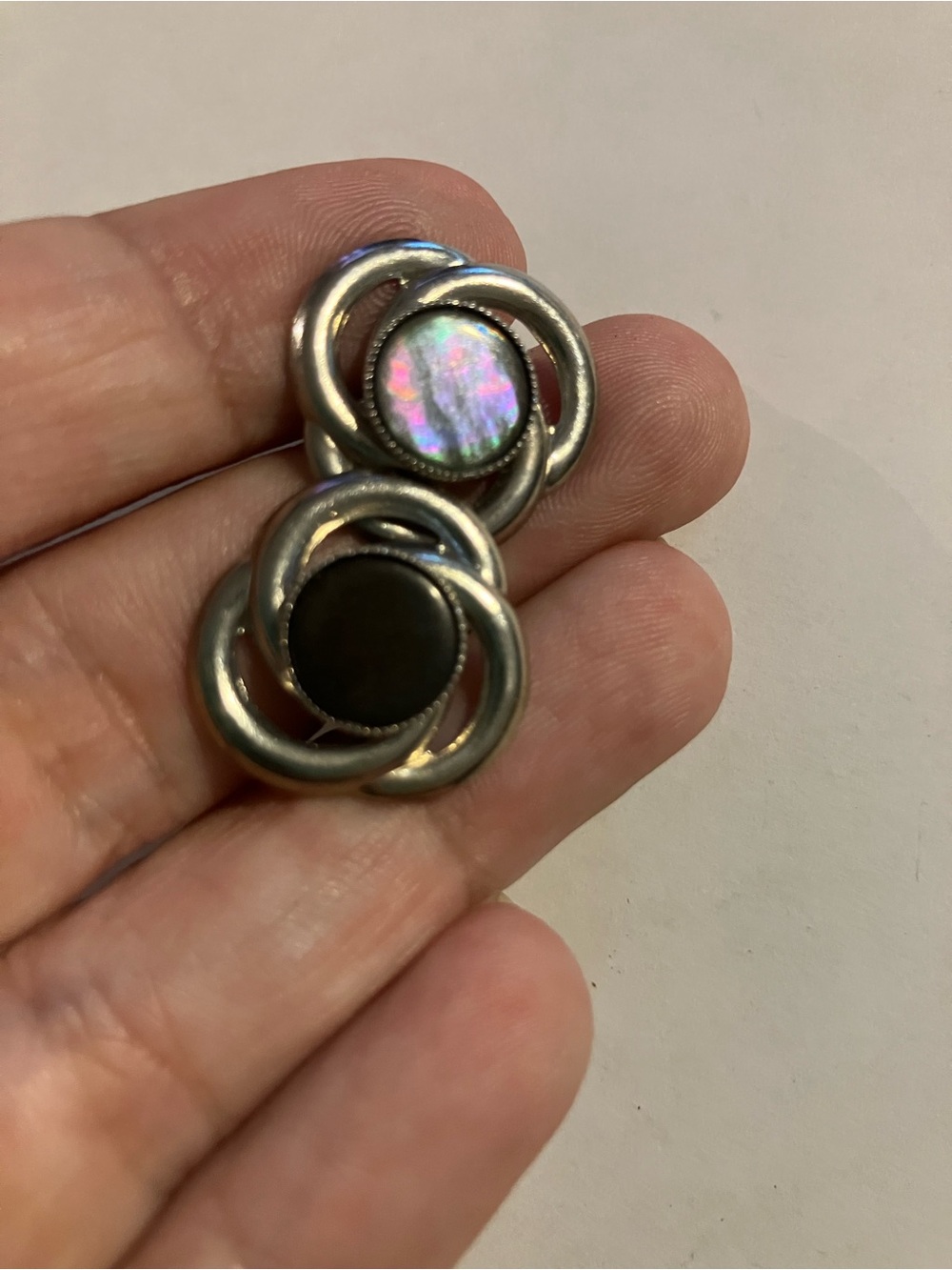 Silver Knot Cuff Links with Iridescent and Black Centers